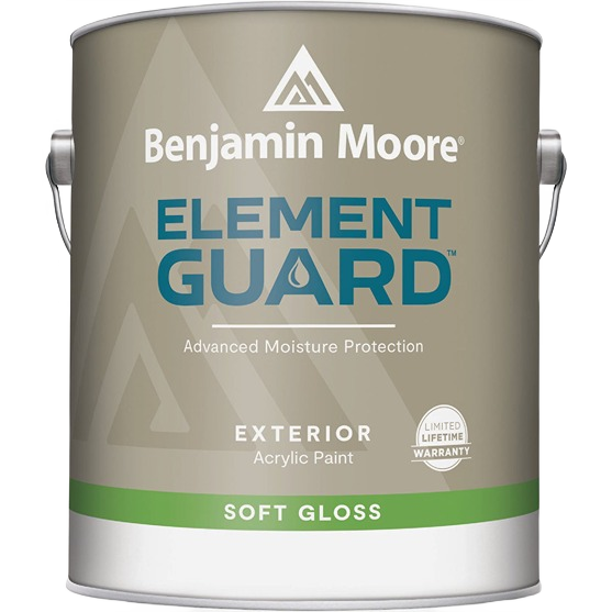 One quart can of Benjamin Moore Element Guard exterior acrylic paint in white soft gloss finish for home improvement.