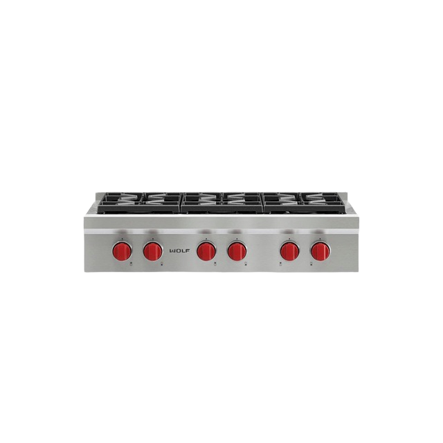 Stainless steel rangetop with six sealed burners and red control knobs in kitchen and electric cooktops collection