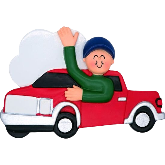 Smiling male figurine waving from bright red truck ornament for Christmas Ornaments & Tree Decorations collection