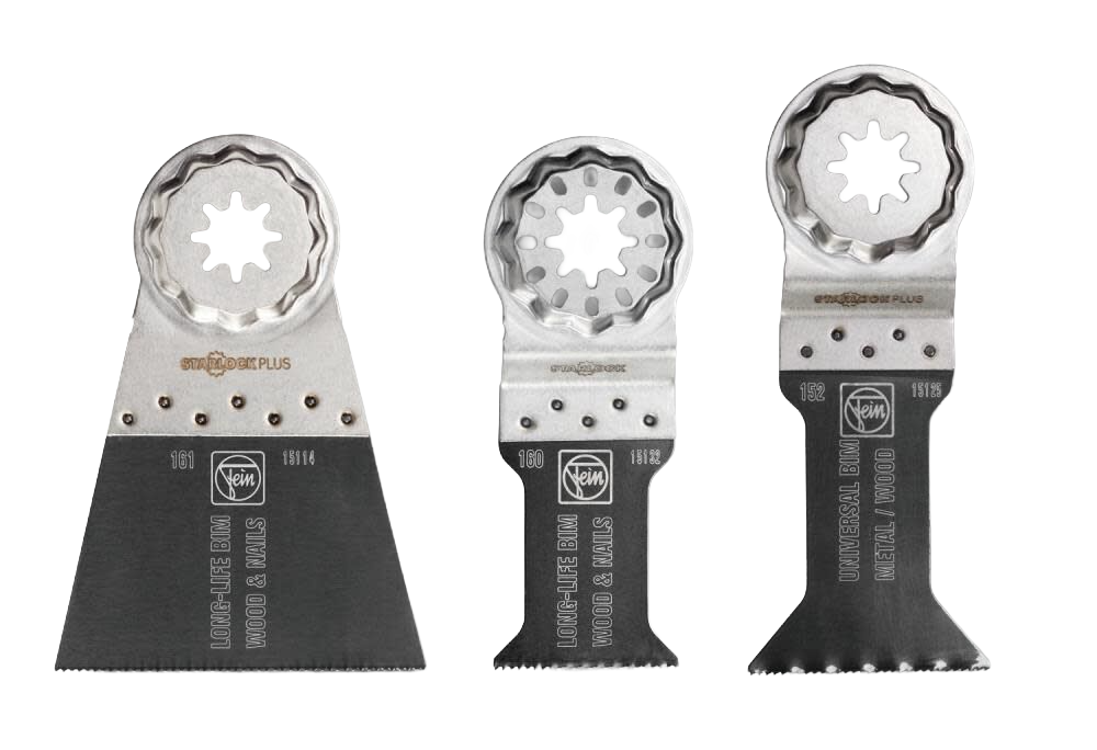 Three metal oscillating tool blades with different shapes designed for cutting wood and nails in home improvement tasks