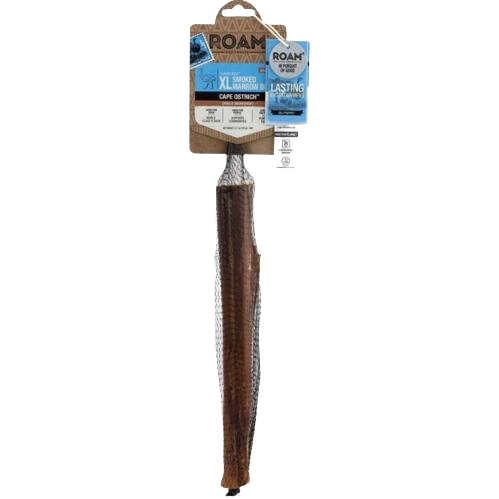 Long smoked ostrich marrow dog bone treat in netted packaging with branded cardboard label for pets