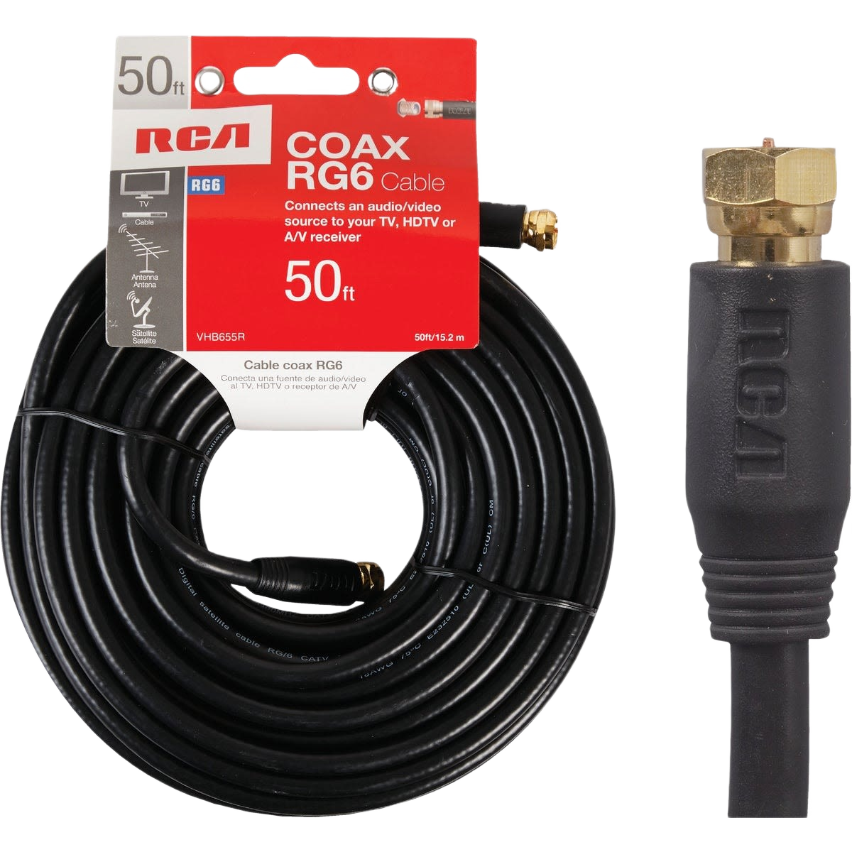 Black 50-foot digital RG6 coaxial cable with gold-plated connectors for home improvement audio and video connections