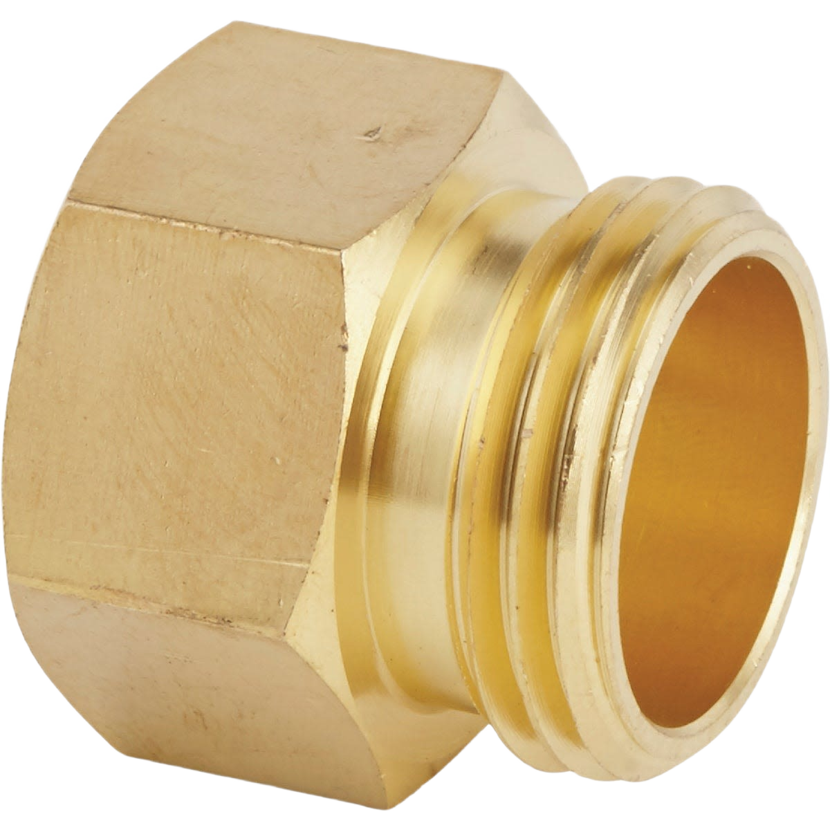 Brass garden hose connector with threaded male and female ends for durable outdoor and home improvement use