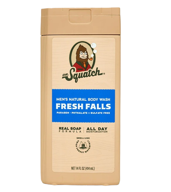 Tan bottle of men's natural body wash with fresh falls scent promotes hydration in Health & Beauty collections under $50