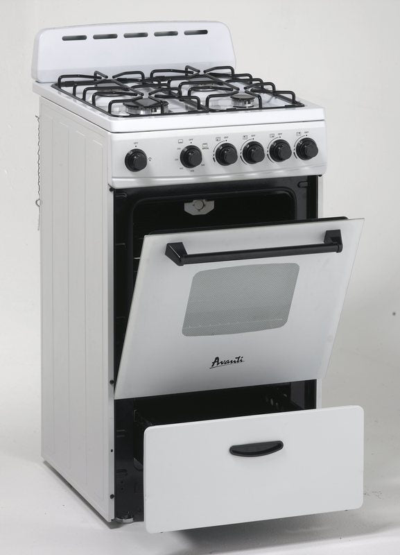 White compact gas range with four burners, control knobs, open oven door, and storage drawer in Ranges and Appliances collections