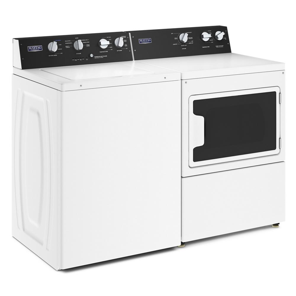 Side view of white commercial washer and electric dryer set with black control panels from Washers & Dryers collection