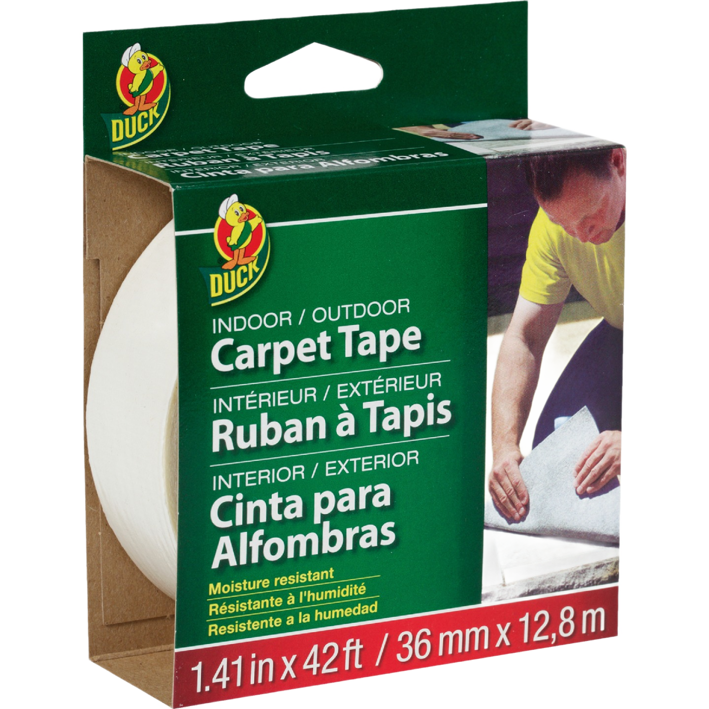 Packaging of Duck Brand carpet tape for indoor and outdoor use, featuring moisture-resistant adhesive for home improvement tasks