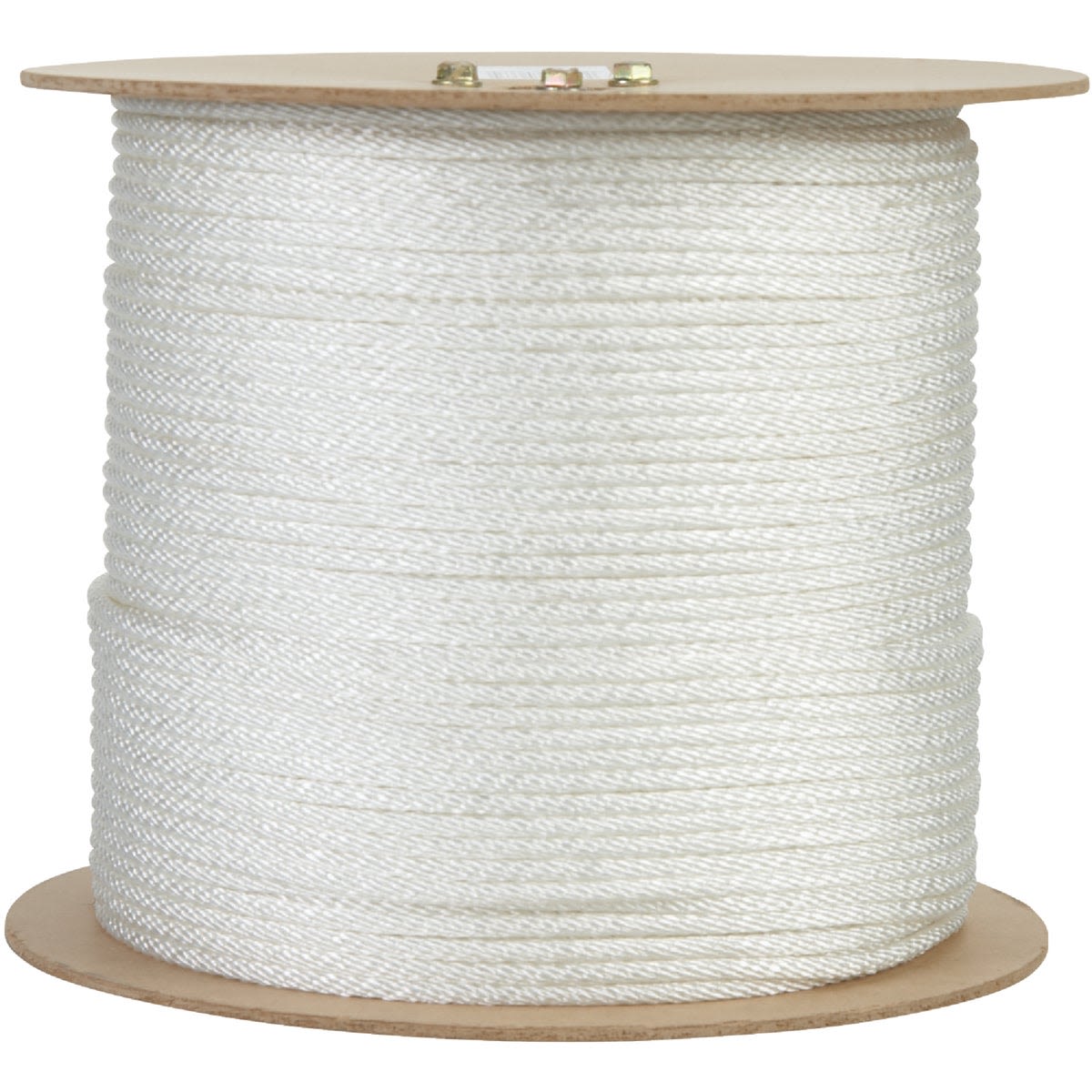 Large spool of white braided nylon rope for heavy-duty use in tools and home improvement projects