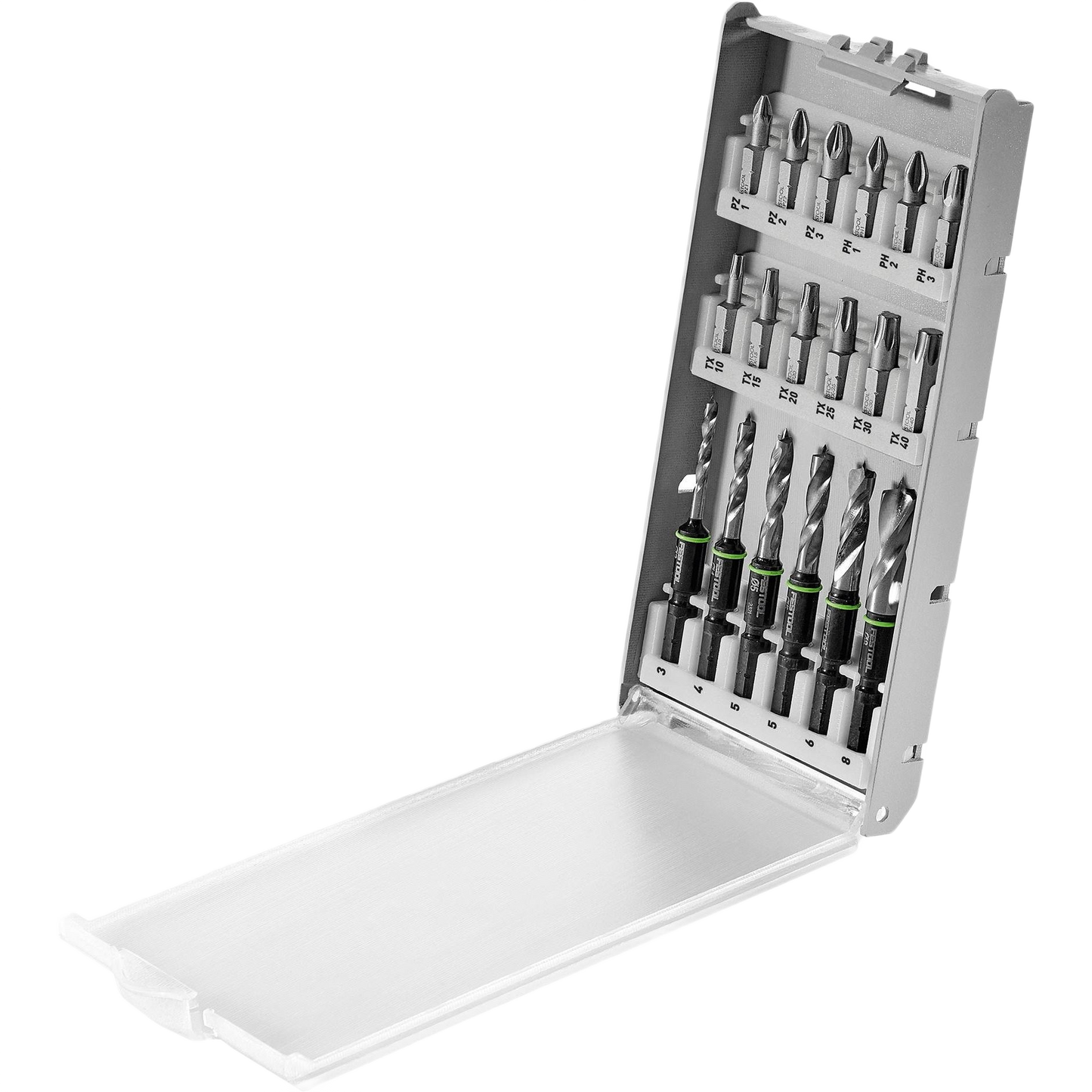Compact drill bit set in a gray case with multiple bit sizes for power tool accessories and home improvement use