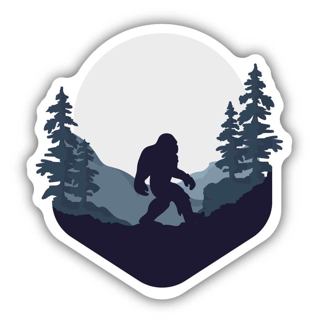 Silhouette of Sasquatch walking through a forested mountain landscape with large moon in the background sticker design
