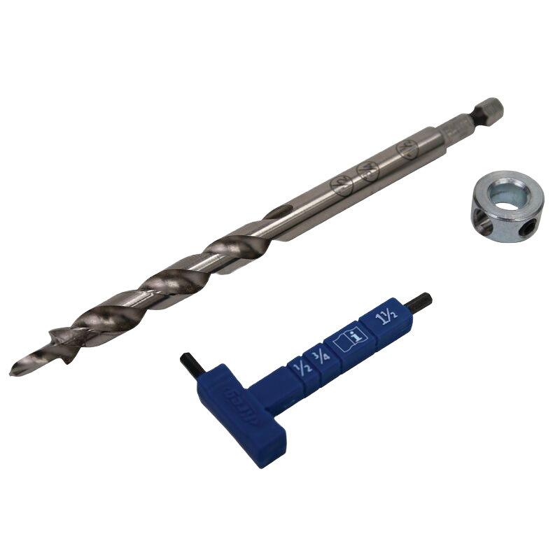 Woodworking drill bit with stop collar, blue gauge tool, and hex wrench for pocket-hole jig accessories and home improvement tasks