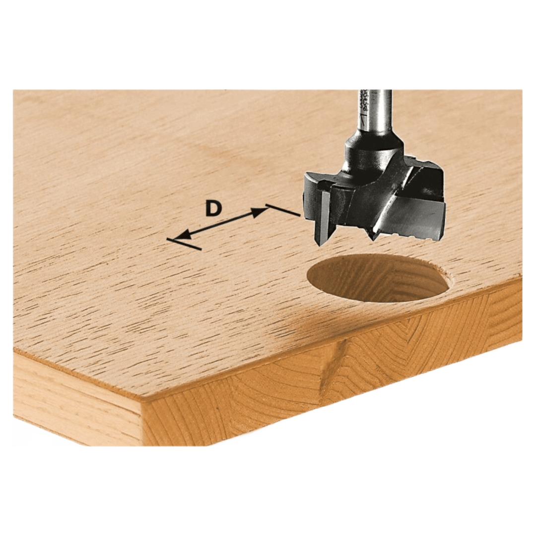 Drill bit creating precise cup hinge hole in wood for woodworking in Festool and power tool accessories collections