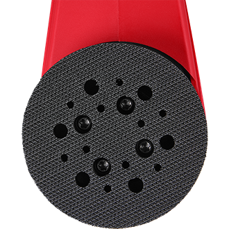 Close-up of a black textured sanding pad on a red cordless detail sander for tools and home improvement.