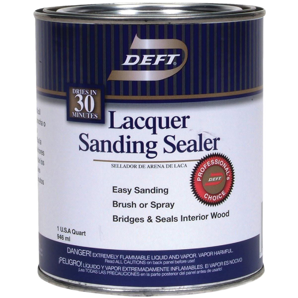Quart container of Deft lacquer sanding sealer for interior wood finishing in home improvement projects