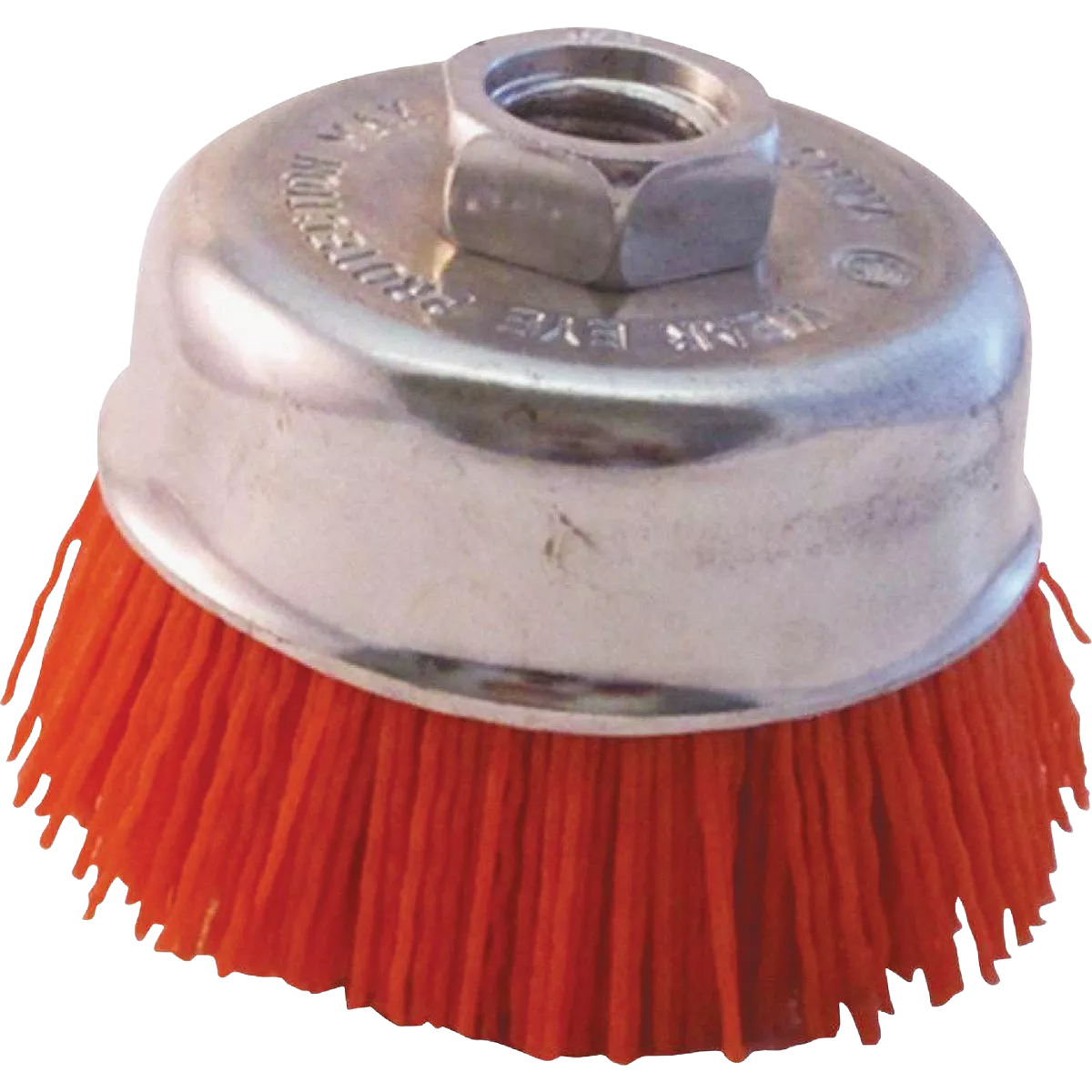 Orange nylon medium cup brush with metal hub for power tools in woodworking and home improvement collections