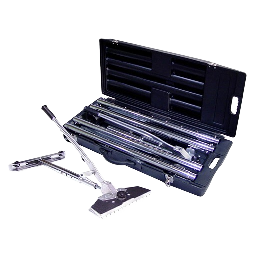Carpet stretcher tool with aluminum frame and extendable poles, stored inside a black carrying case, part of flooring tools and rental equipment at Hartville Hardware.
