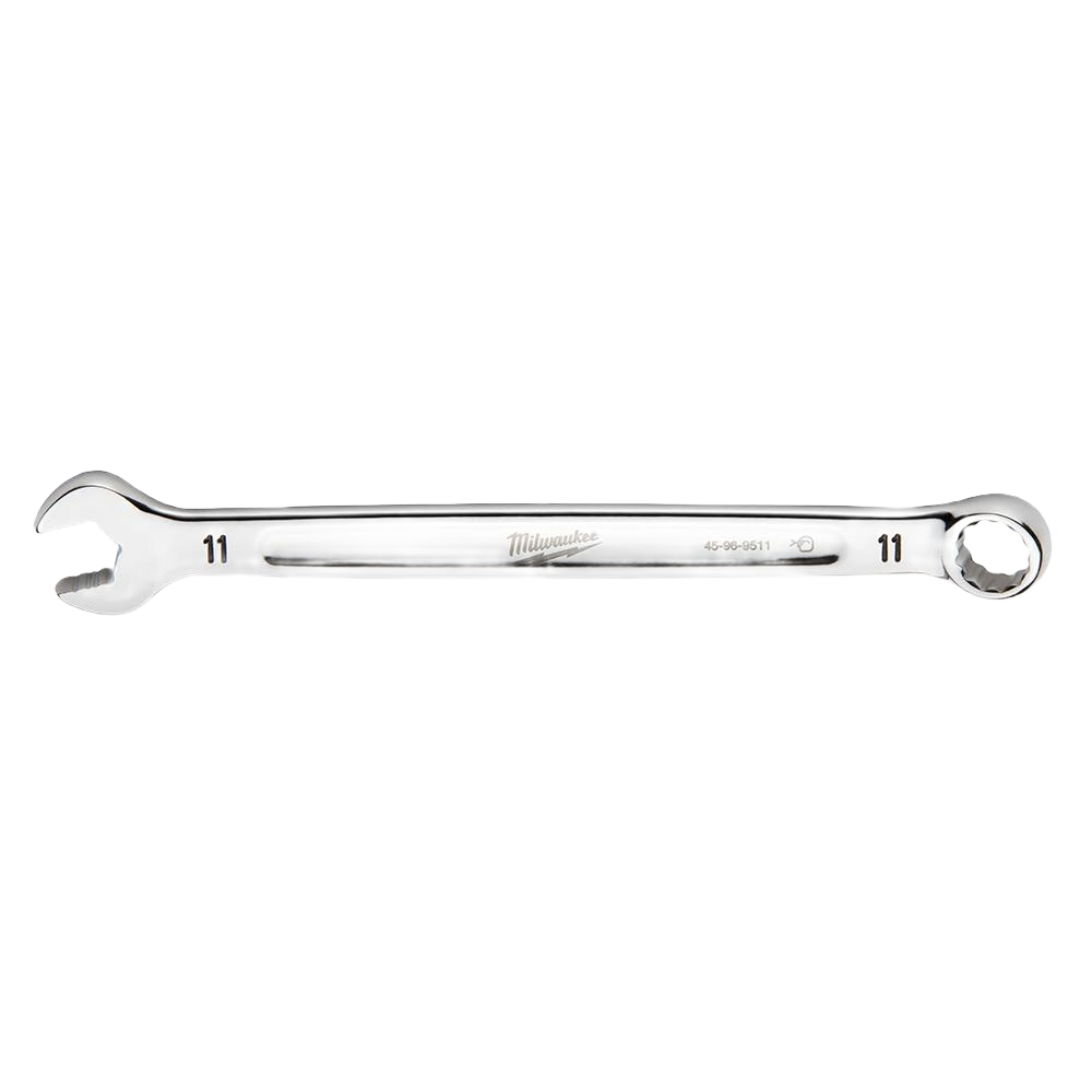 Polished 11-mm metric combination wrench with open and box ends for versatile home improvement tool use