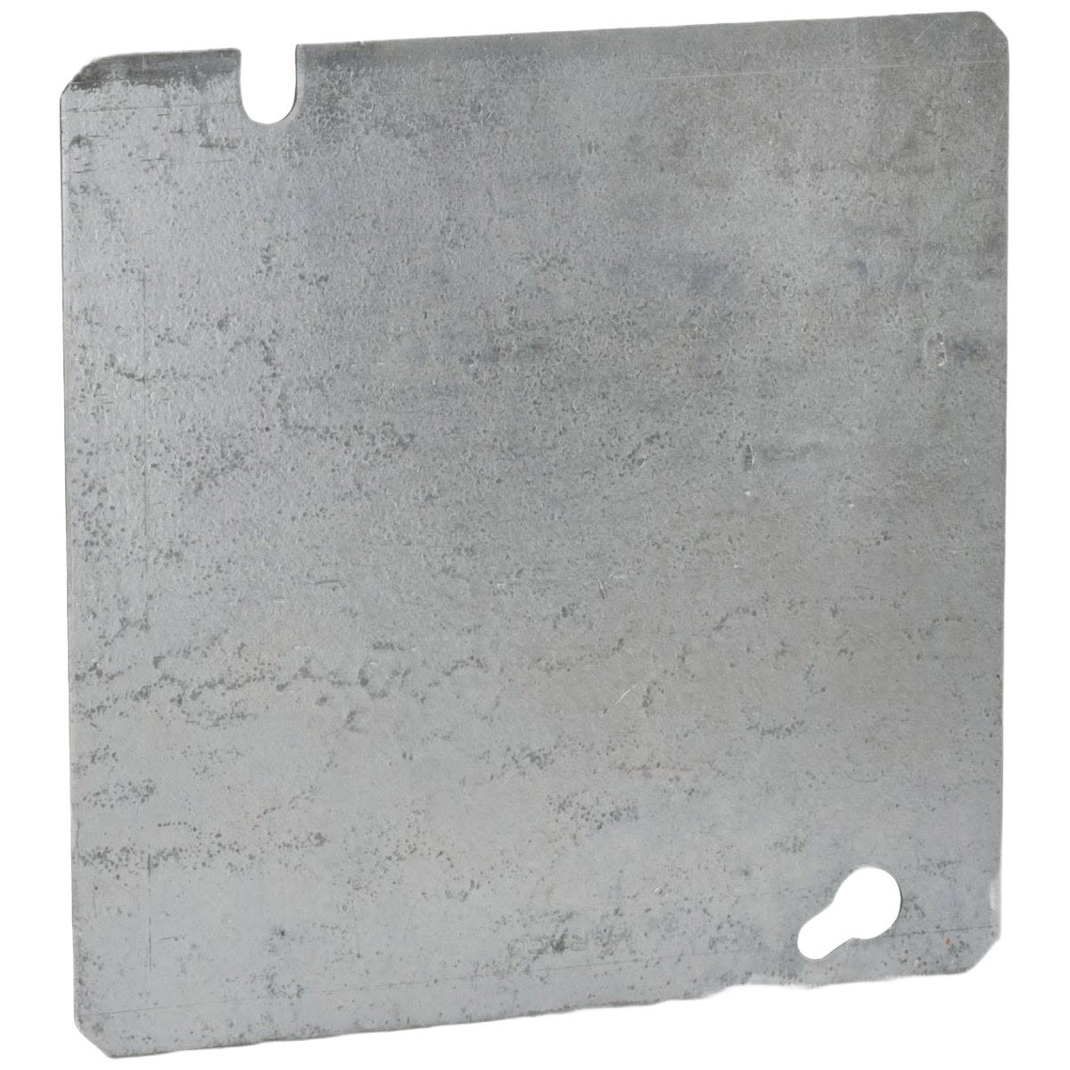 Metal square blank cover plate with angled slots for electrical box mounting in home improvement and electrical projects