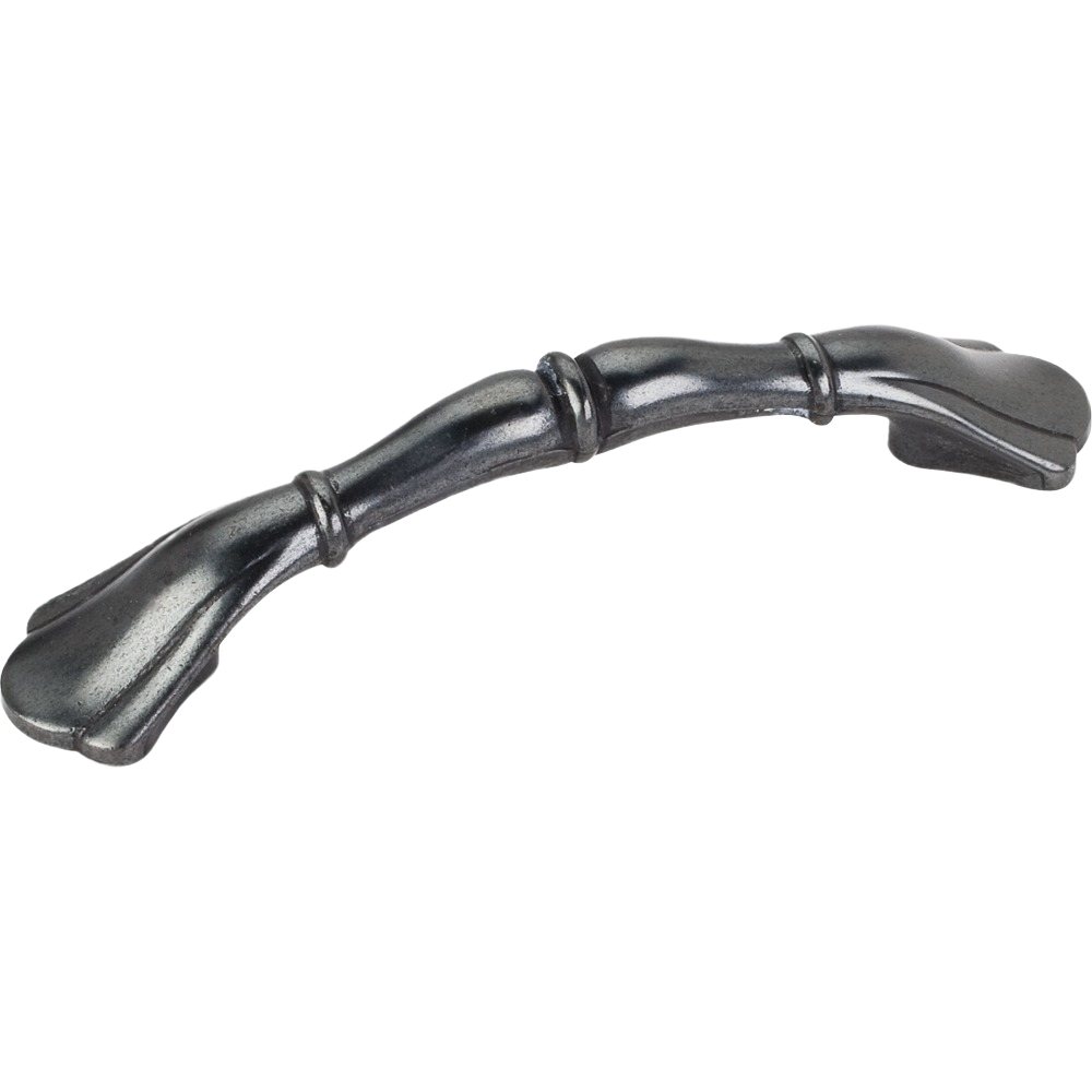 Curved gun metal cabinet pull with decorative accents for home improvement and hardware upgrades