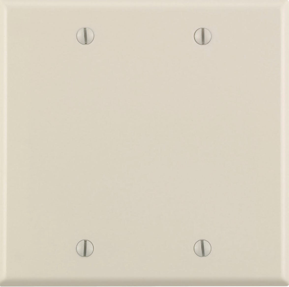 Light almond 2-gang thermoset blank wall plate with four screw holes for electrical and home improvement use