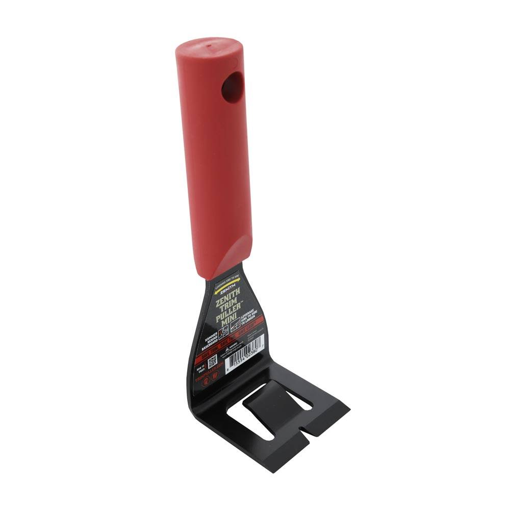 Trim puller tool with red handle and angled black metal blade designed for precision in home improvement tasks