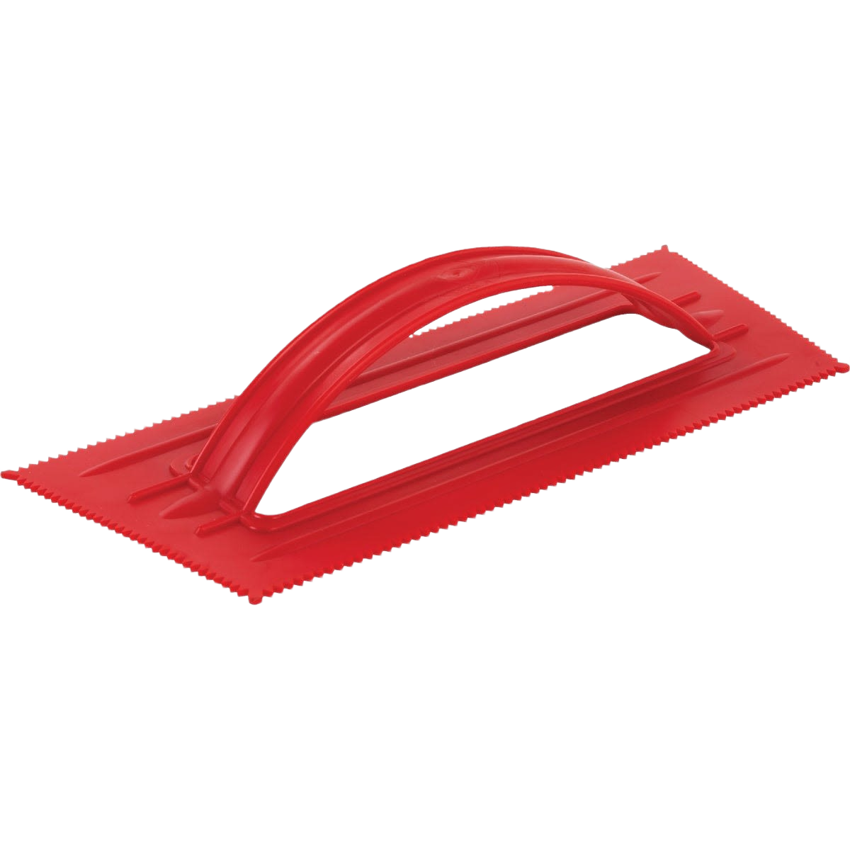 Red poly-pro V-notched hand trowel with ergonomic grip for smooth application in tools and home improvement projects