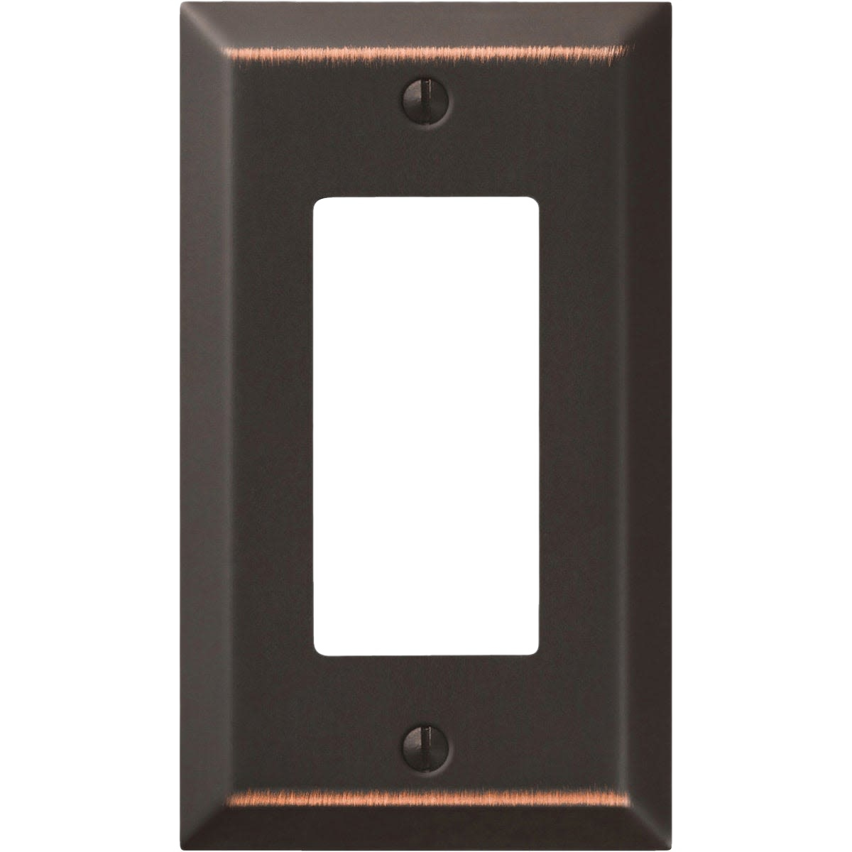 Aged bronze stamped steel single-gang wall plate with rocker switch opening for home improvement use