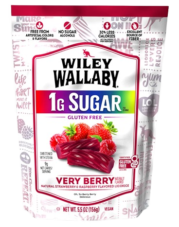 Bag of low sugar gluten free very berry licorice with strawberry and raspberry flavor in candy collection