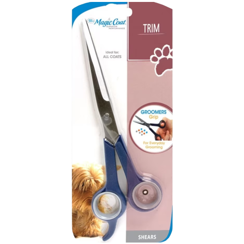 Blue-handled grooming shears with stainless steel blades designed for everyday pet trimming and home grooming tools use