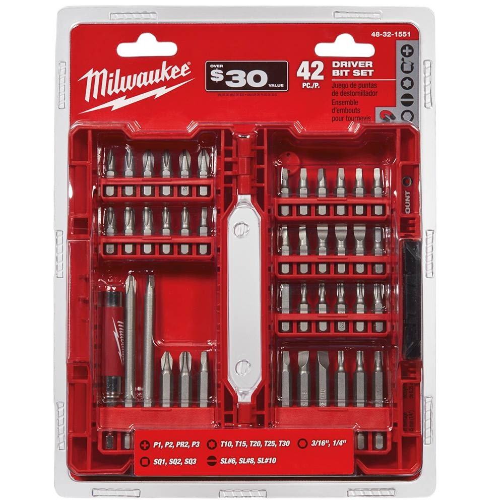 Red Milwaukee 42-piece driver bit set with premium S2 tool steel for power tool accessories and home improvement tasks