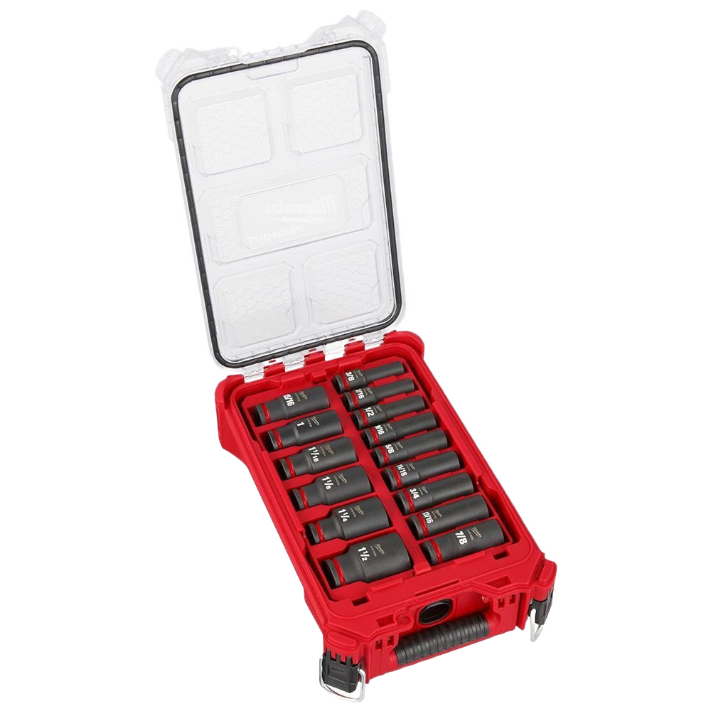 Red storage case with 27-piece impact duty sockets in metric and SAE sizes for tools and home improvement projects