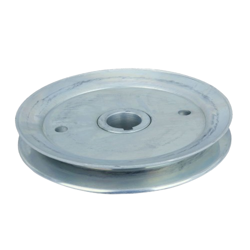Metal idler pulley with central hole and two side mounting holes designed for tools and home improvement use