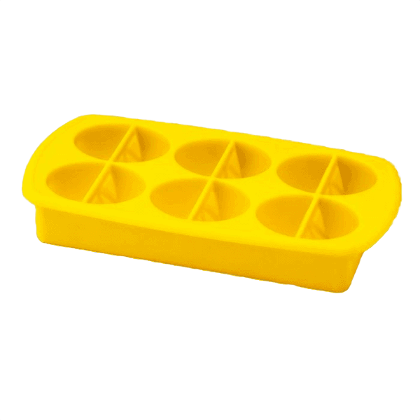 Yellow silicone ice cube tray with lid for making lemon wedge shaped cubes in kitchenware and storage collections under $50