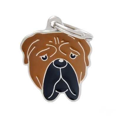 Brown and black dog face ID tag shaped like a Bullmastiff with metal attachment ring for pet collars