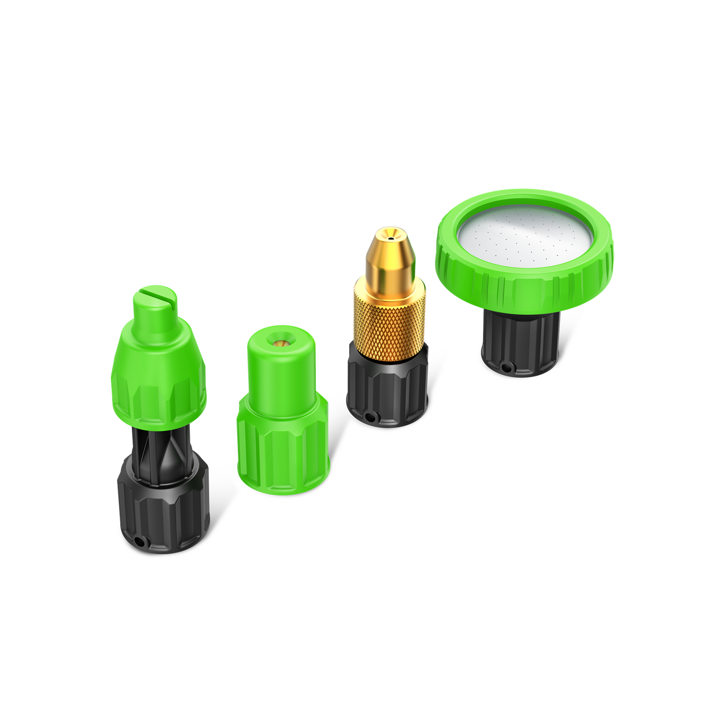 Set of four green and black sprayer nozzles including a brass adjustable nozzle for home improvement tools.