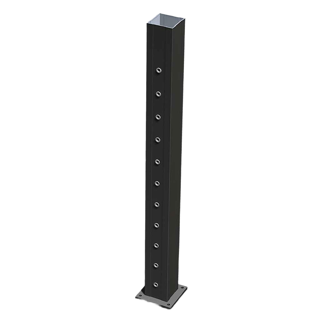 Black metal line post with multiple holes and base plate for fence or railing support in home improvement projects