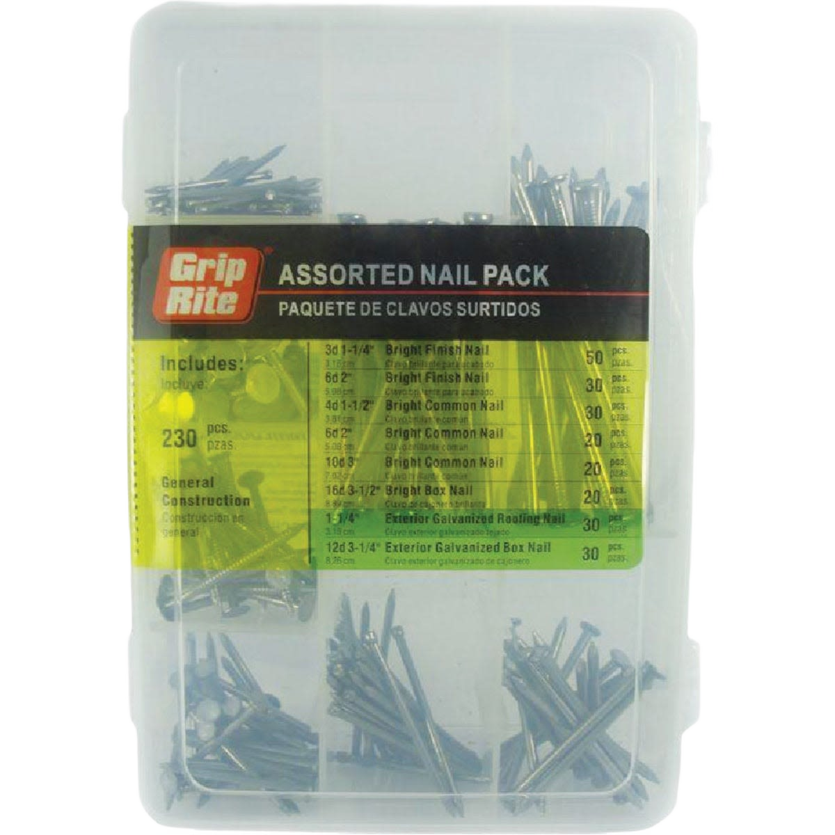 Clear plastic organizer box containing a variety of bright finish and galvanized nails for hardware and home improvement projects