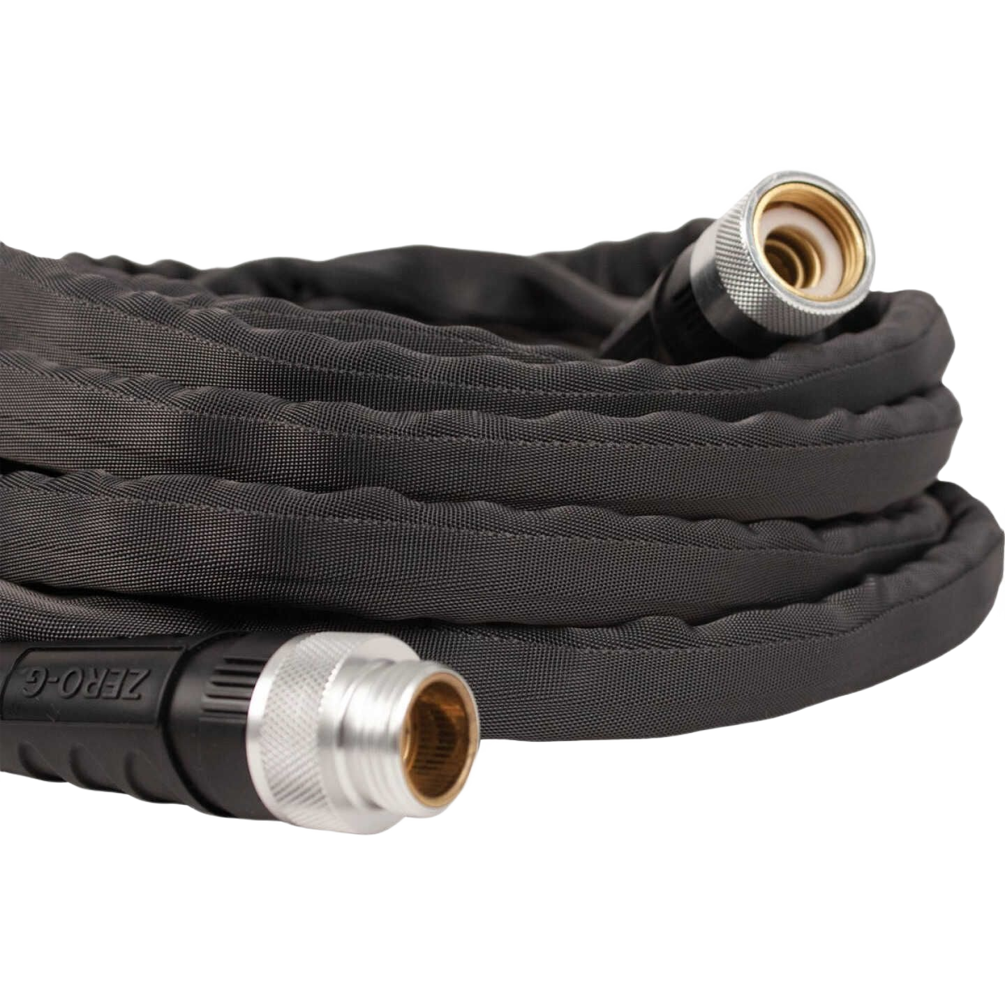 Coiled black garden hose with brass fittings designed for watering and irrigation in lawn and garden under $100 category