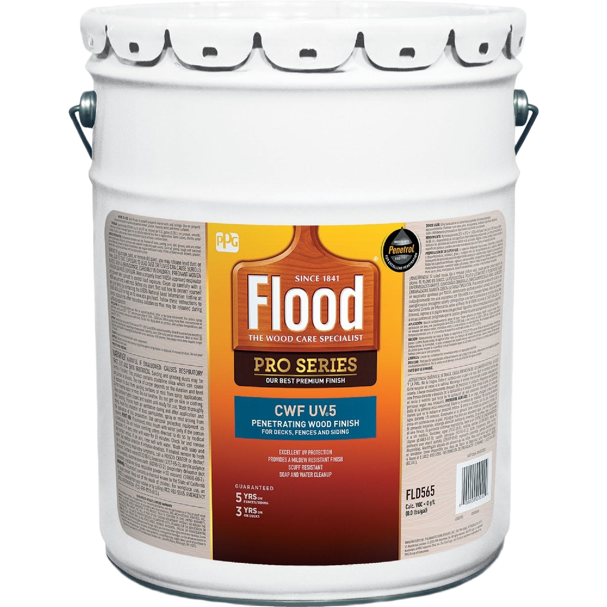 Five-gallon container of Flood Pro Series natural exterior wood finish in Exterior Stains and Wood Finishing collections