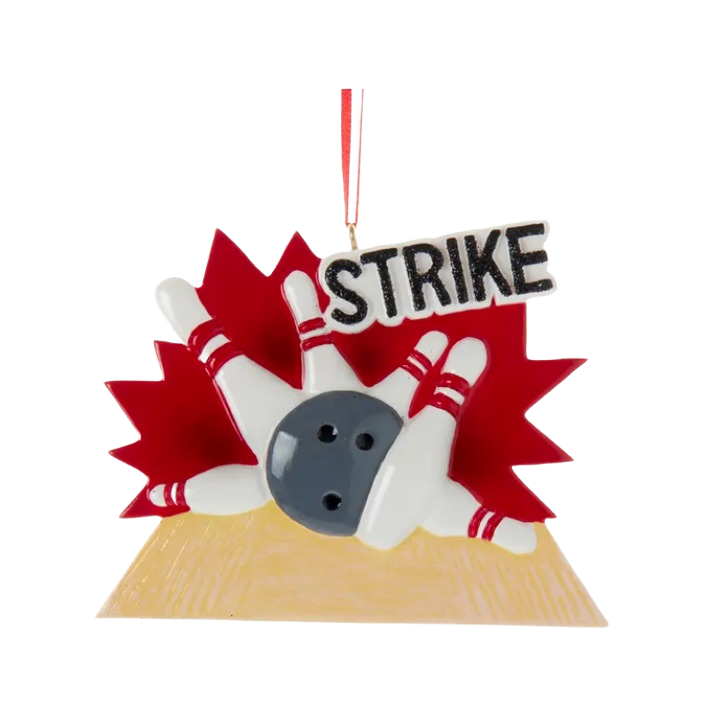 Bowling ball knocking down pins with strike sign on red burst background for Christmas tree decorations under $50 collection