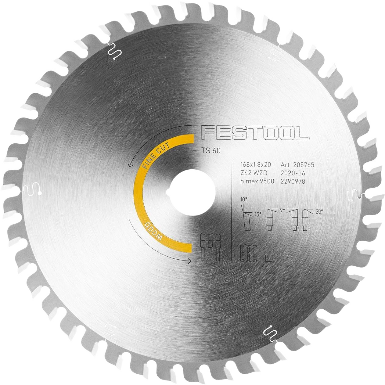 Silver metal circular saw blade with evenly spaced teeth and fine-cut markings for wood cutting in tools and home improvement.