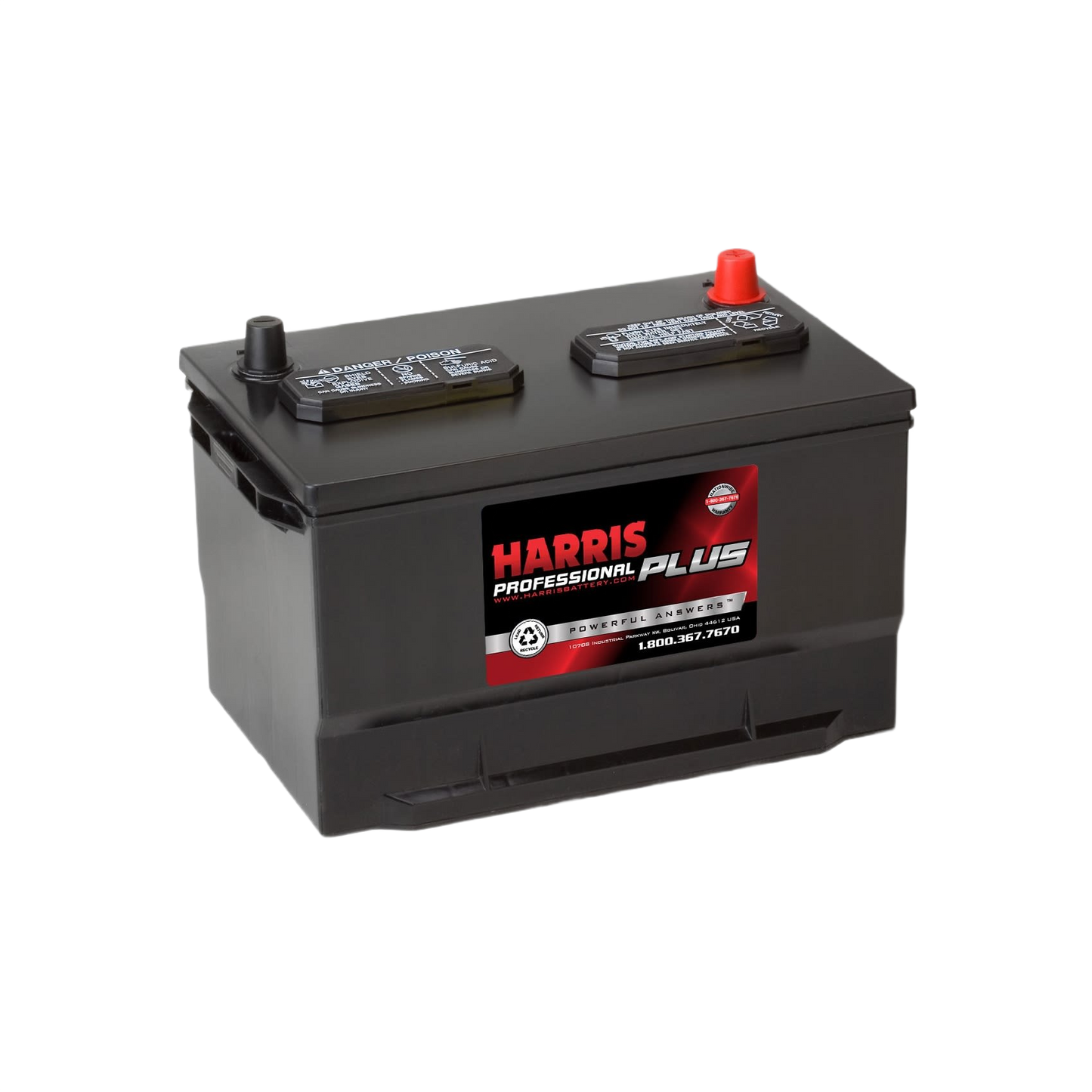 Black Harris Professional Plus flooded lead acid battery with red and black terminals for automotive use in All Products collection
