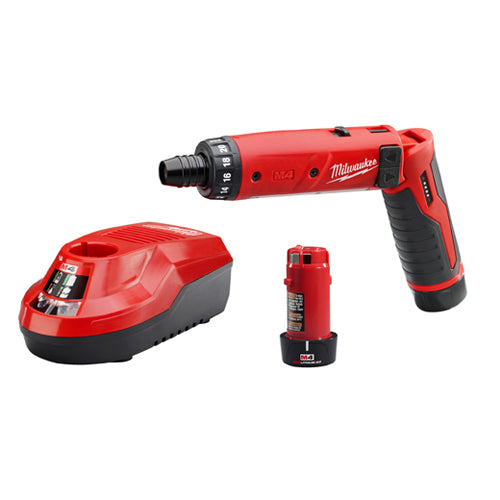 Red and black cordless screwdriver with adjustable torque, battery, and charging dock for home improvement tasks