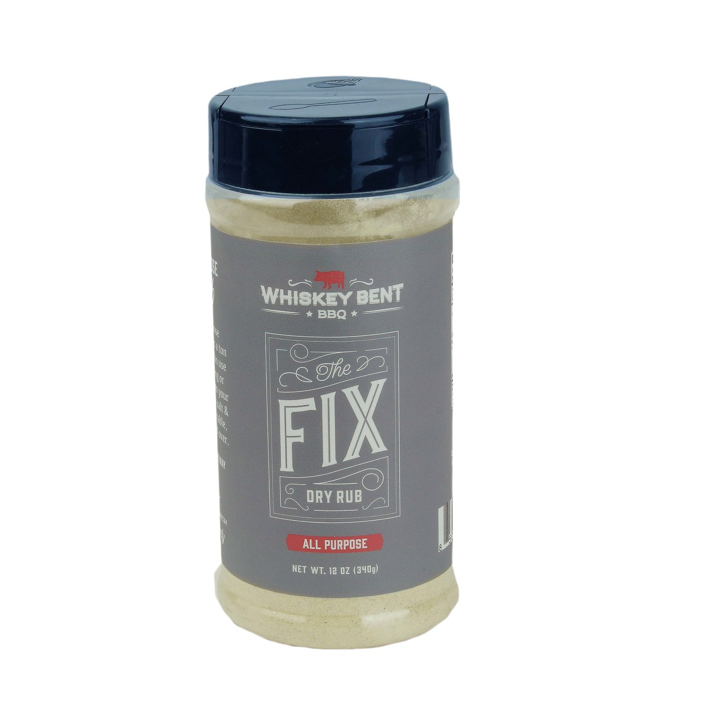Clear plastic container of all-purpose gluten-free dry rub seasoning with gray label and black lid for BBQ cooking