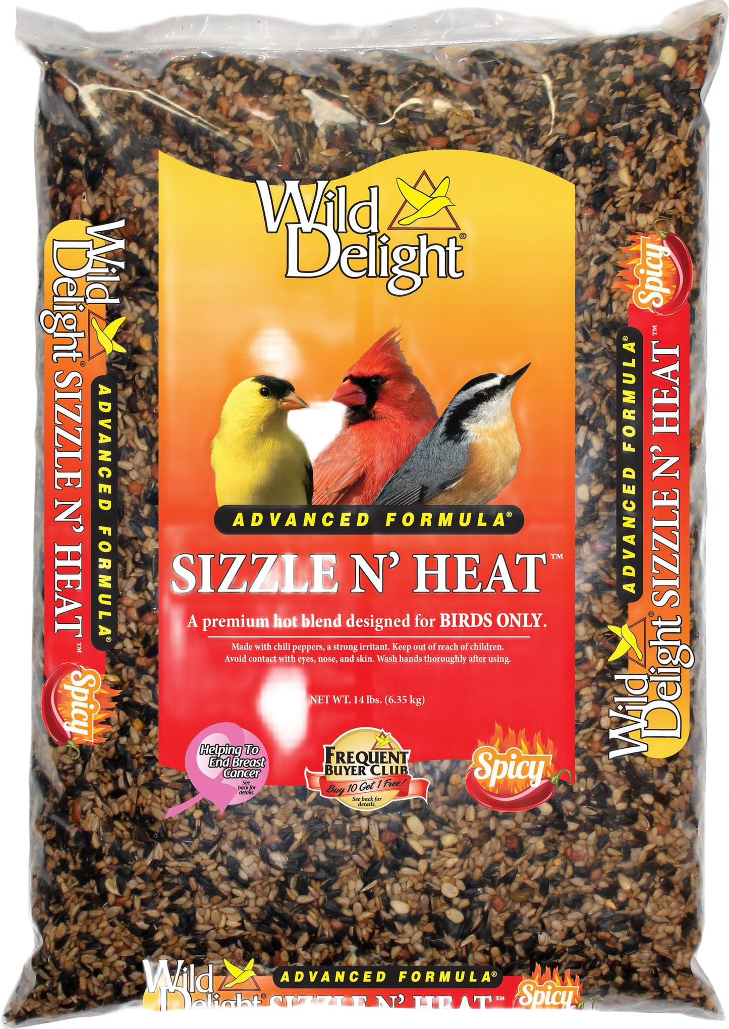 Clear bag of Wild Delight spicy bird seed blend with cardinal, goldfinch, and nuthatch illustrations on orange label