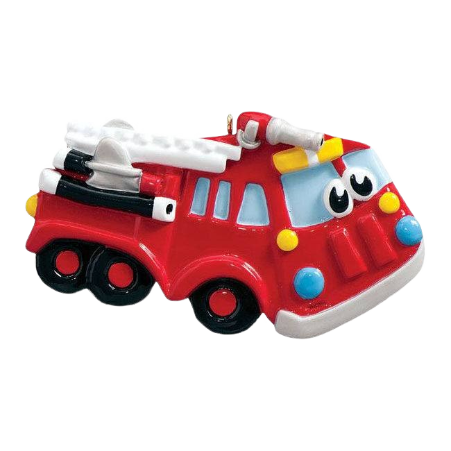 Red fire truck ornament with cartoon eyes and attached hose for Christmas Ornaments & Tree Decorations under $50 collection