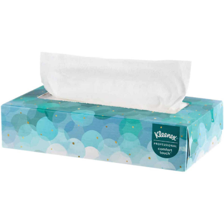 Box of white 2-ply facial tissues with blue patterned packaging for household cleaning and paper towel collections