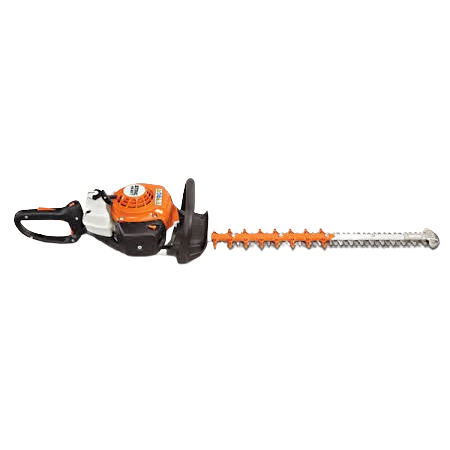 Orange and black gas-powered hedge trimmer with long dual cutting blades, part of STIHL outdoor power equipment rental tools at Hartville Hardware for landscaping and home improvement.