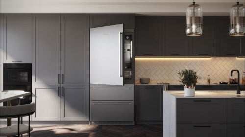 Built-in stainless steel refrigerator/freezer with left hinge, ice maker, and BioFresh technology in modern kitchen appliances collection