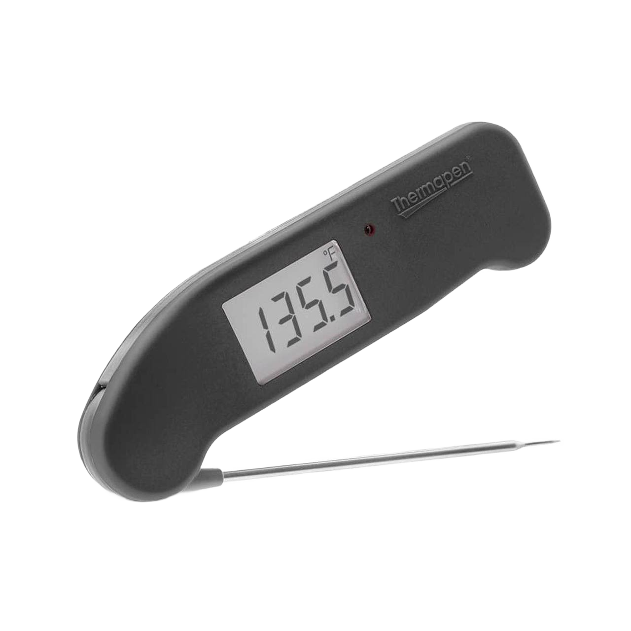 Black digital Thermapen with fold-out probe displaying temperature for grilling and outdoor living tools